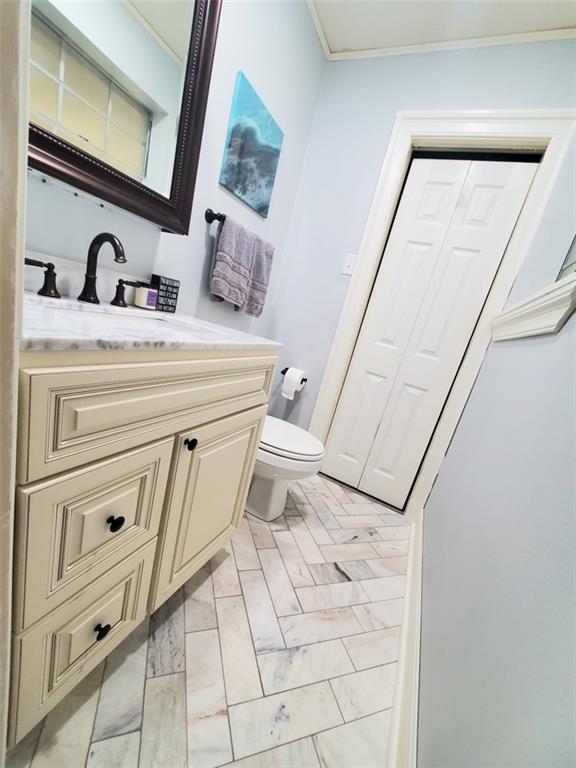 bathroom with vanity, ornamental molding, and toilet