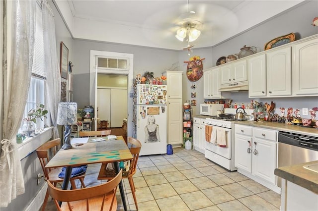 kitchen with white cabinetry, white appliances, crown molding, and light tile patterned flooring