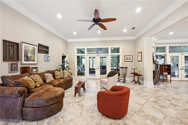 living room featuring french doors, ceiling fan, and crown molding