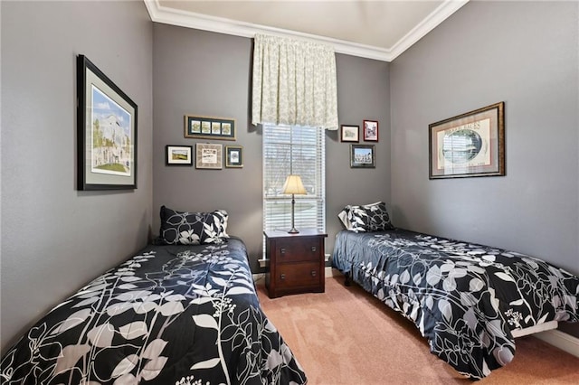 carpeted bedroom with crown molding