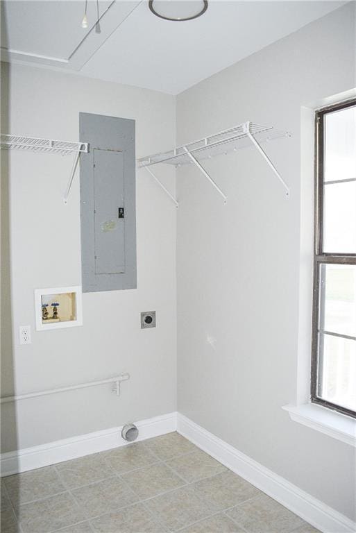 laundry area featuring electric panel, hookup for a washing machine, and electric dryer hookup