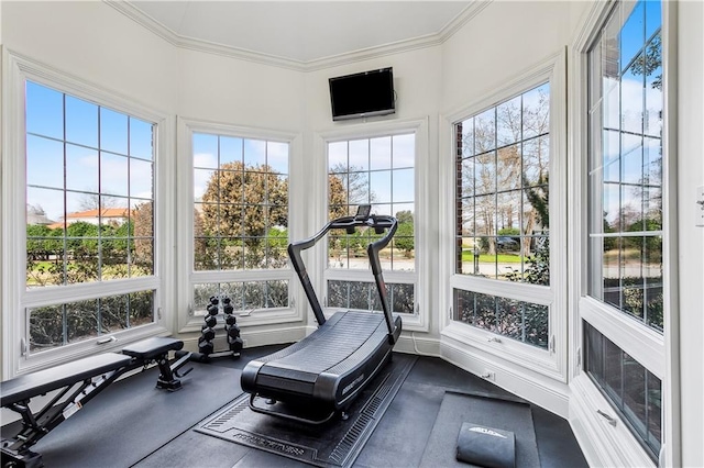 exercise room featuring crown molding