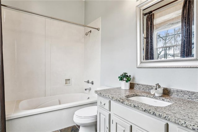 full bathroom with vanity, shower / bathtub combination, and toilet