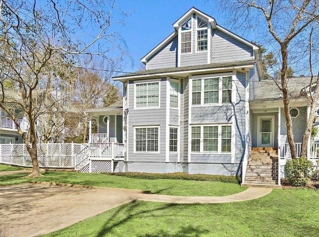 exterior space with covered porch, fence, and a front lawn