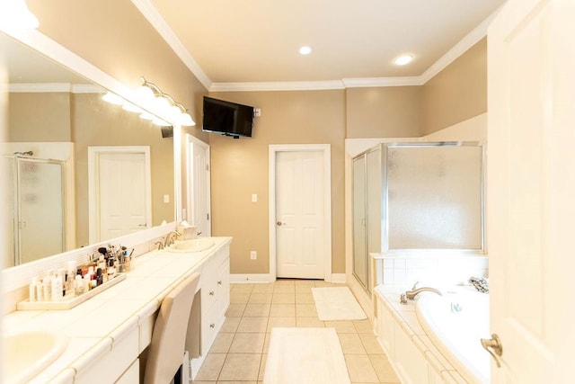 full bathroom with double vanity, ornamental molding, a stall shower, and tile patterned floors