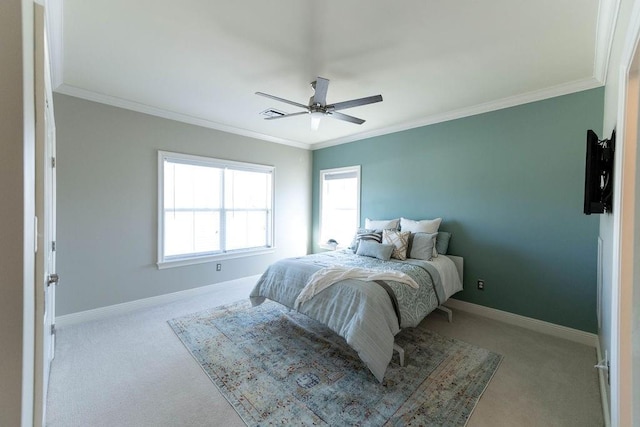 bedroom with ornamental molding, light carpet, and ceiling fan