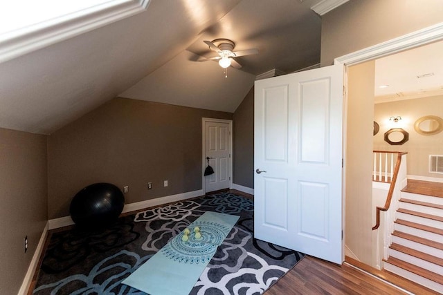 bonus room with visible vents, ceiling fan, wood finished floors, and vaulted ceiling