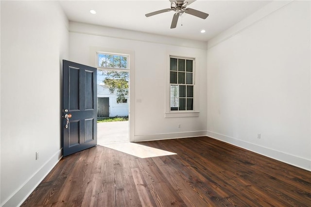 entrance foyer with dark wood-type flooring and ceiling fan