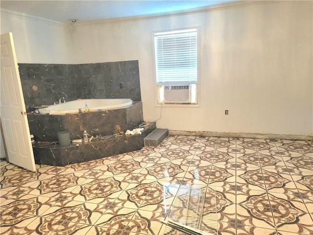 bathroom with crown molding, a bathing tub, and cooling unit