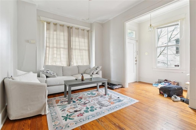 living room with hardwood / wood-style flooring and ornamental molding