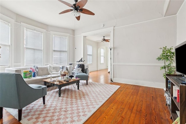 living room featuring ceiling fan and hardwood / wood-style floors