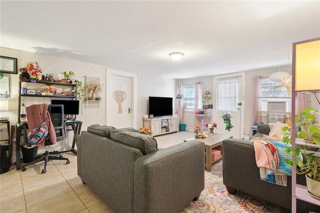 tiled living room featuring cooling unit