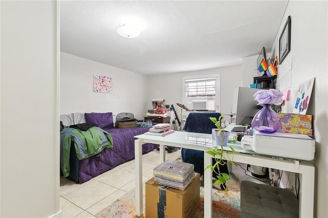 bedroom featuring cooling unit and light tile patterned flooring