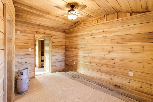 unfurnished bedroom with lofted ceiling, wood ceiling, and wood walls