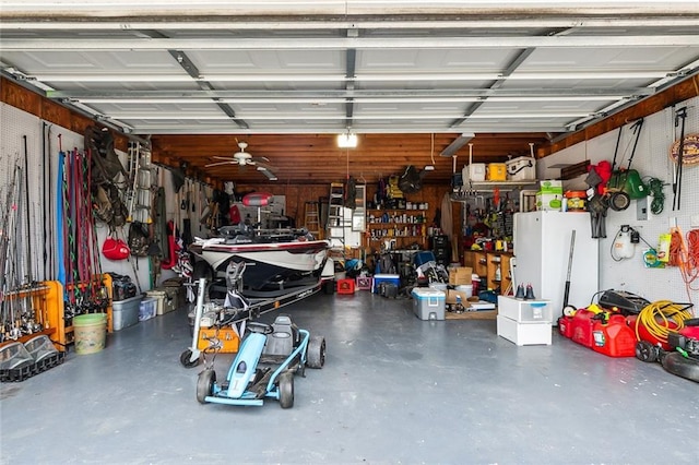 garage with a workshop area