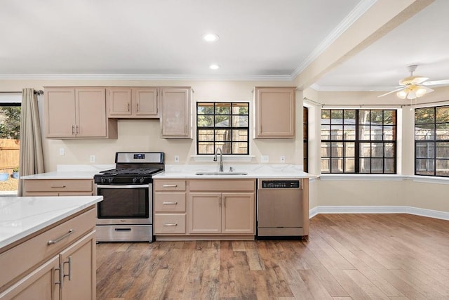 kitchen with sink, ornamental molding, stainless steel appliances, and light wood-type flooring