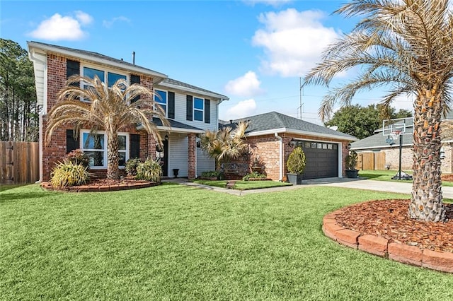 view of property featuring a garage and a front yard