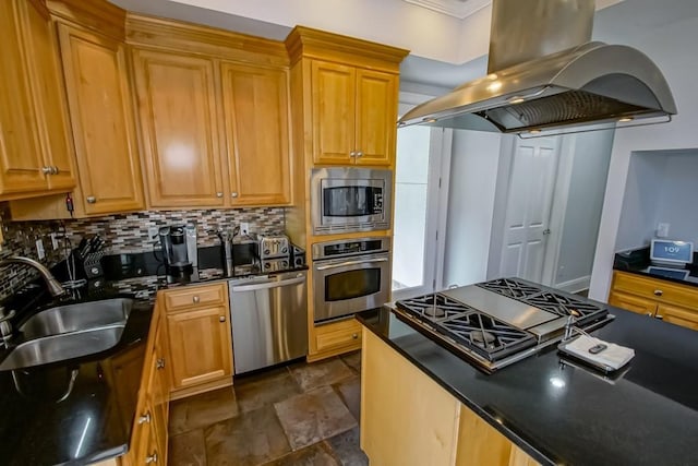 kitchen featuring sink, ornamental molding, island exhaust hood, stainless steel appliances, and backsplash