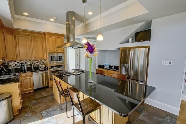 kitchen featuring a kitchen island, pendant lighting, island range hood, backsplash, and stainless steel appliances