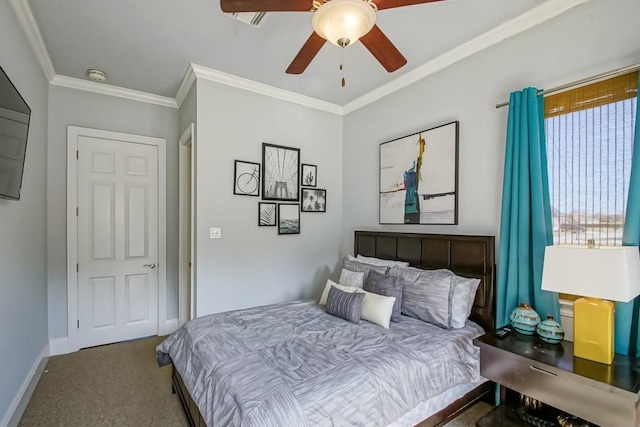 carpeted bedroom featuring crown molding and ceiling fan