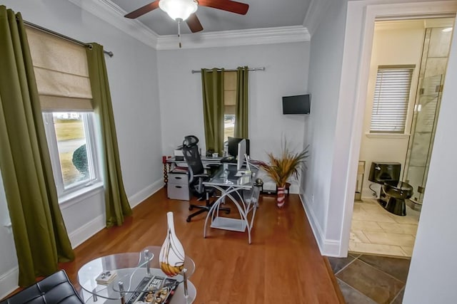 office area with hardwood / wood-style flooring, ornamental molding, and ceiling fan