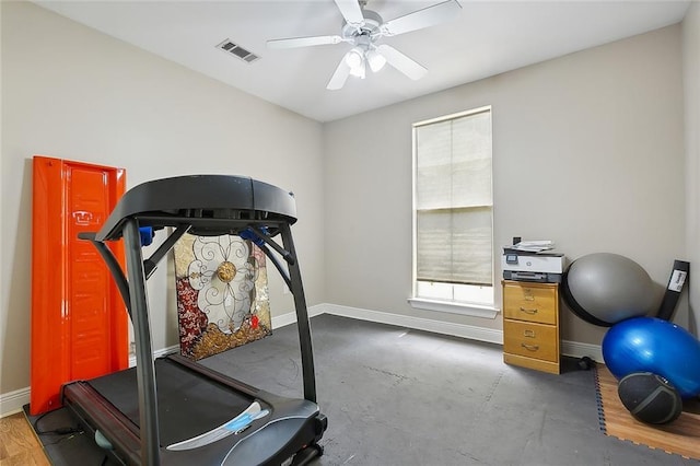 workout room featuring baseboards, visible vents, and a ceiling fan