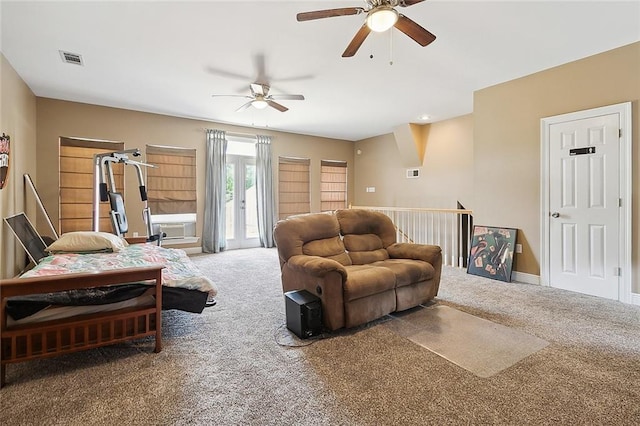 carpeted living room with french doors, visible vents, ceiling fan, and baseboards