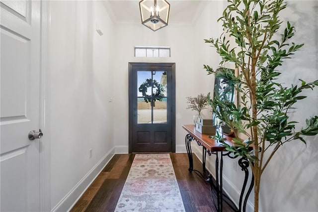 foyer entrance with dark hardwood / wood-style flooring and ornamental molding