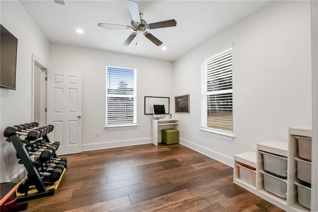 living area featuring dark hardwood / wood-style floors and ceiling fan