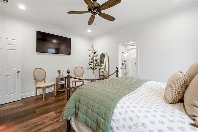 bedroom featuring crown molding, dark wood-type flooring, and ceiling fan