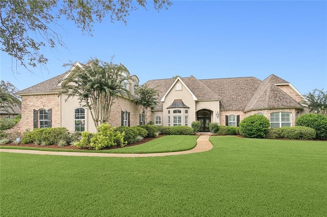 french country inspired facade with a front lawn