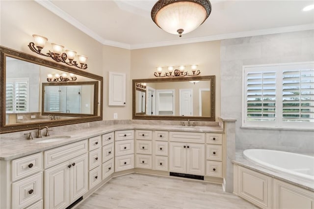 bathroom with ornamental molding, vanity, and a bathing tub