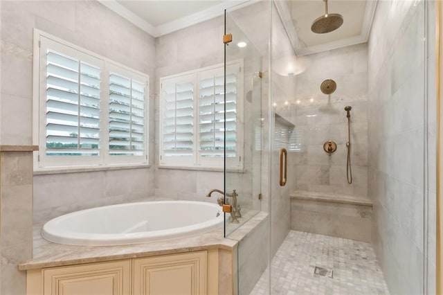 bathroom featuring independent shower and bath and ornamental molding