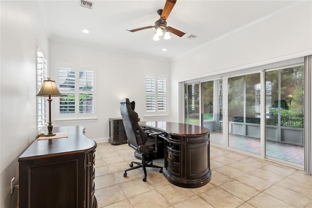 office space featuring ornamental molding, ceiling fan, and light tile patterned flooring