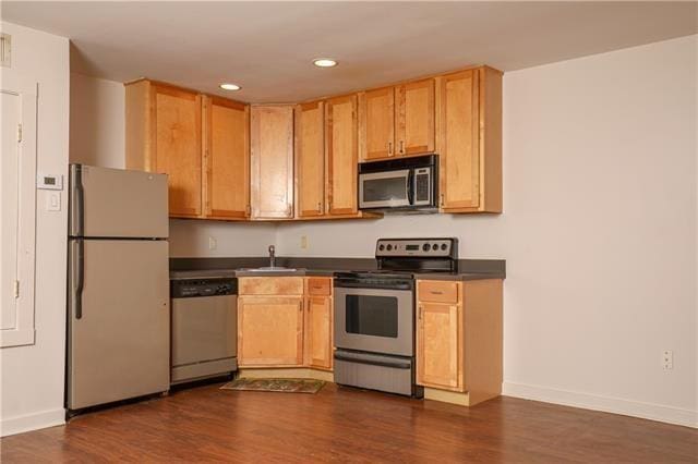 kitchen with stainless steel appliances, sink, and dark hardwood / wood-style flooring