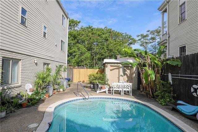 view of pool featuring a patio area and a shed