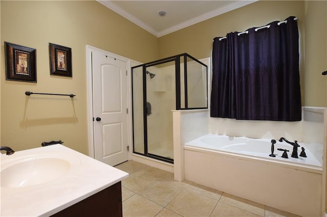 bathroom featuring tile patterned floors, ornamental molding, separate shower and tub, and vanity