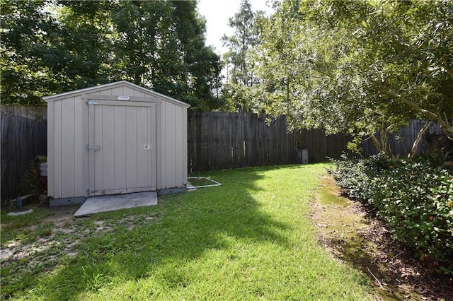 view of yard featuring a storage shed