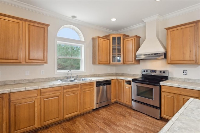 kitchen featuring sink, light hardwood / wood-style flooring, premium range hood, stainless steel appliances, and tile countertops