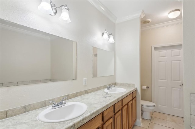 bathroom featuring ornamental molding, toilet, tile patterned flooring, and vanity