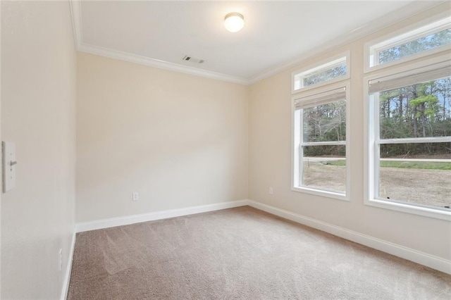 carpeted spare room with crown molding