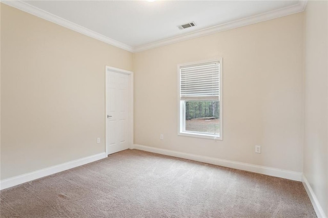 unfurnished room featuring ornamental molding and carpet floors