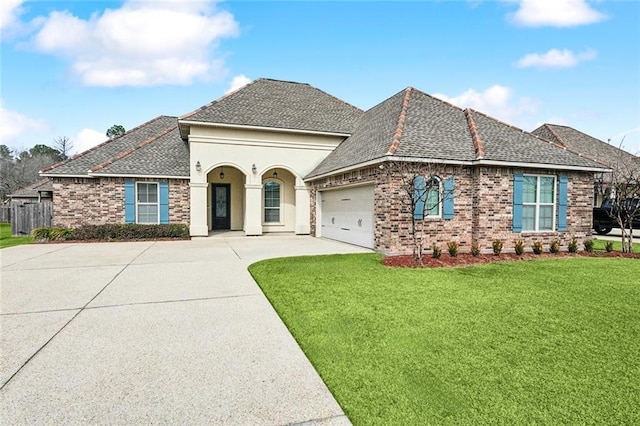 view of front of home with a garage and a front lawn