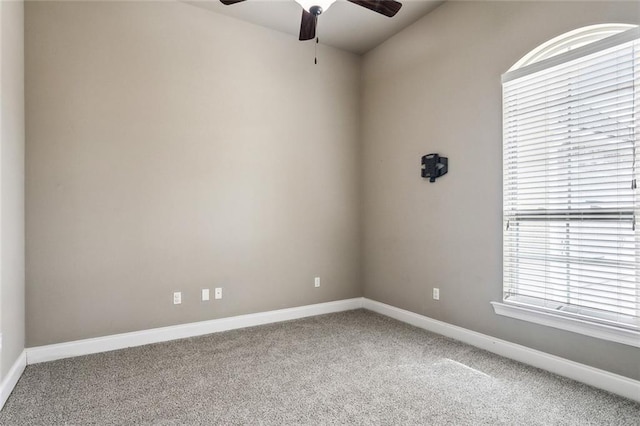 unfurnished room featuring ceiling fan and carpet