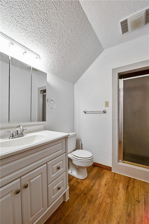 bathroom with lofted ceiling, hardwood / wood-style flooring, vanity, a textured ceiling, and a shower with shower door