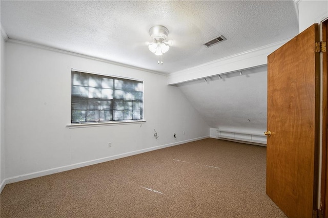 bonus room with a baseboard radiator, lofted ceiling, carpet floors, and a textured ceiling