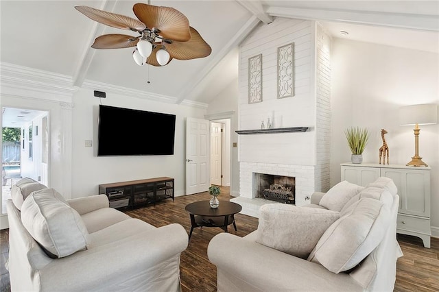 living room with ceiling fan, high vaulted ceiling, a fireplace, dark hardwood / wood-style flooring, and beamed ceiling