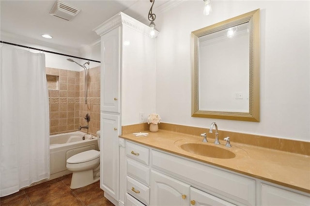 full bathroom featuring vanity, shower / bathtub combination with curtain, tile patterned floors, and toilet