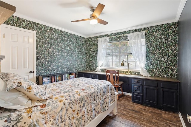 bedroom with ceiling fan, ornamental molding, and dark hardwood / wood-style flooring