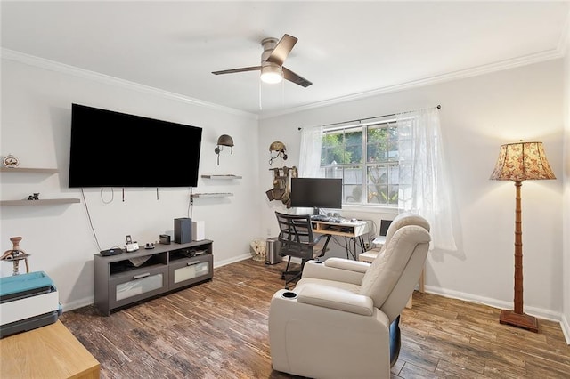 living room with crown molding, ceiling fan, and dark hardwood / wood-style flooring